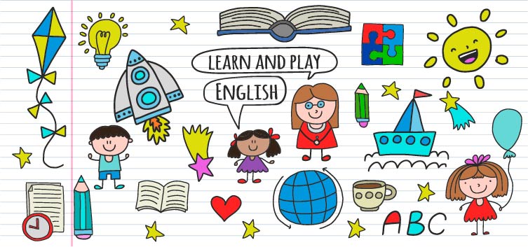 Imagem com fundo claro e linhas reproduzindo as pautas de um caderno. Ao longo da imagem, há diversas ilustrações de desenhos infantis. No centro, a ilustração de uma criança e um adulto dizendo “Learn and play English”.