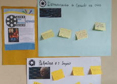 #ParaTodosVerem: Imagem mostra três folhas de cartolina: uma anuncia a sessão de Star Wars no Cine-História e as outras duas trazem adesivos com as opiniões dos estudantes sobre o filme.