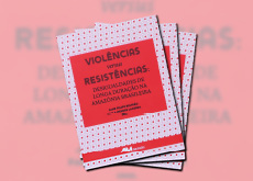 #ParaTodosVerem: Arte com a capa do livro "Violências versus Resistências: desigualdades de longa duração na Amazônia. O título do livro e o nome das organizadoras, Jane Felipe Beltrão e Paula Mendes Lacerda, estão centralizados, escritos na cor preta, com fundo na cor vermelha. Na parte inferior do livro, uma faixa na cor vermelha traz o logotipo da editora ABA Publicações. O fundo da capa é composto por uma arte gráfica abstrata, nas cores vermelha e branca.