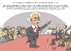 #ParaTodosVerem: Charge mostra, em primeiro plano, o maestro Carlos Gomes regendo uma orquestra. À direita, estão os músicos, com expressão de medo. À esquerda, a plateia composta por damas e cavalheiros elegantemente vestidos. Entre eles, uma caveira representando a epidemia de febre amarela, que assombrava Belém, à época.