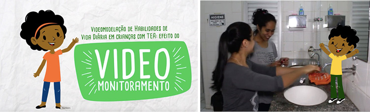 Crianças com Transtorno de Espectro Autista (TEA) têm preferência por estímulos visuais. Essa é uma das razões para os bons resultados do estudo. #ParaTodosVerem: Seleção de uma ilustração e uma foto presentes no vídeo usado para treino de videomonitoramento. Da esquerda para a direita: a ilustração, em fundo branco, mostra uma menina de cabelos pretos acenando para nós. Ela está de camisa laranja e calça azul. Ao seu lado, há o texto ‘’videomodelação de habilidade de vida diária em crianças com TEA: efeito do videomonitoramento’’. A fotografia mostra duas mulheres de cabelos pretos realizando o treino de monitoramento na frente de uma pia. Elas estão de perfil, viradas para a direita, e vestem camisas cinza. No lado direito, há a ilustração de um menino de cabelos pretos, camisa amarela e calça verde. Ele está comemorando.