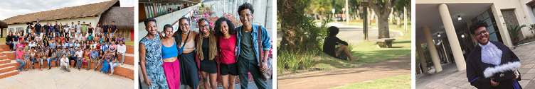 Universidades Federais de Brasília, do Pará, do Rio Grande do Sul e de Goiás anteciparam políticas de cotas raciais e, hoje, testemunham mudanças no perfil de estudantes. #ParaTodosVerem: A imagem apresenta um conjunto de quatro fotografias. Da esquerda para a direita, a primeira mostra um grupo de estudantes negros da Universidade Federal de Goiás (UFG). A maioria está sentada nas três fileiras de um anfiteatro localizado ao ar livre. Apenas por detrás da última fileira, a mais alta, há um grupo de estudantes em pé. A segunda foto mostra a imagem de um grupo de seis estudantes negros, abraçados. Eles olham em nossa direção e sorriem. Ao fundo, veem-se os corredores da universidade, em perspectiva e em dois pisos, e a imagem desfocada de outros estudantes. A terceira fotografia mostra um estudante negro, sentado na grama, à sombra de uma árvore. Ele está de costas, tem os cabelos no estilo black power, veste roupas pretas e possui uma tatuagem na coxa direita. Ao fundo, é possível ver parte do campus universitário. Na última imagem, vê-se um estudante negro trajando uma beca, com faixa azul. Ele tem cabelos crespos, usa um piercing no nariz e sorri em nossa direção. Está segurando um capelo em que se vê bordada a sigla da Universidade Federal do Rio Grande do Sul, UFRGS. Ao fundo, destacam-se algumas colunas de um prédio.