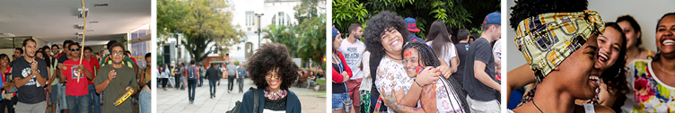 #ParaTodosVerem: A imagem apresenta um conjunto de quatro fotografias. Da esquerda para a direita, a primeira mostra a manifestação de um grupo de estudantes negros. Eles caminham por um corredor. À frente e ao centro, um jovem de camisa vermelha e óculos escuros toca berimbau. À sua esquerda, vemos um estudante de camisa verde tocando pandeiro, enquanto, à sua direita, é possível identificar outro jovem, que veste camisa cinza e bate palmas. A segunda foto mostra uma estudante em primeiro plano. Ela usa óculos, veste uma camisa de gola alta, com estampas, uma sobreposição de linha preta e um casaco azul,  aberto. No ombro direito, ela carrega uma mochila preta. A estudante tem os cabelos crespos acima dos ombros e lançados pelo vento para sua direita. Ela está em um espaço aberto e, ao fundo, aparece a imagem sem foco de pessoas caminhando e um prédio. A terceira fotografia mostra duas calouras pardas comemorando o ingresso na universidade. Elas estão abraçadas e sorriem em nossa direção. Uma das jovens está com várias tranças finas nos cabelos. Ela usa óculos e tem os braços e o rosto pintados de tinta. Em sua testa, está escrito, em vermelho,  “UNB”. A outra jovem tem cabelos cacheados, com franja e acima dos ombros. Ela usa uma gargantilha e uma pulseira pretas e uma camiseta de mangas curtas, na cor branca, com estampas de cachorros. Ao fundo, veem-se outros calouros. A última foto mostra uma estudante negra, de perfil. Ela tem um lenço com estampa étnica prendendo os cabelos crespos e mantém um largo sorriso. Em segundo plano, é possível ver outras três estudantes que também sorriem. 