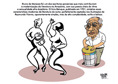 #ParaTodosLerem:Charge mostra um homem tocando tambor e olhando em direção à ilustração de um casal. No lado direito da imagem, o homem veste uma camisa branca, calça cinza e sapatos pretos. Ele tem cabelos grisalhos e usa óculos. A parte lateral do tambor é cinza e o seu topo é amarelo. No lado esquerdo, a ilustração mostra a silhueta de um homem dançando e tocando tambor e a silhueta de uma mulher dançando. O contorno das silhuetas é preto e o interior é branco.