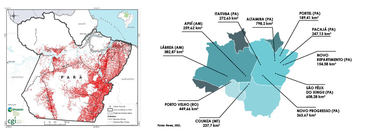 À esquerda, registros do satélite Landsat da malha rodoviária clandestina (em vermelho), no Pará. Fonte Imazon (2020). À direita, mapa com destaque para as cidades que mais desmataram no período entre julho de 2019 e agosto de 2020. #ParaTodosLerem: A imagem destaca as onze cidades da Amazônia que mais desmataram no período entre julho de 2019 e agosto de 2020. Estão representados em tons de azul e cinza os estados do Acre, do Amazonas, do Amapá, de Mato Grosso, do Pará, de Rondônia e de Roraima com setas indicando a localização dos municípios recordistas.