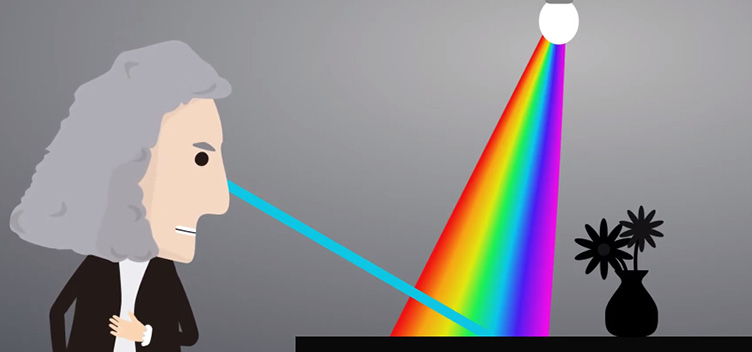#ParaTodosVerem: Ilustração destaca a decomposição da luz branca que sai de uma lâmpada, em suas cores originárias (vermelha, laranja, amarela, verde, azul, anil e violeta) sobre uma mesa de cor preta. A cor azul é refletida através de um feixe da luz em direção ao olhar de uma personagem masculina, à esquerda, cujos traços estão associados aos do físico Isaac Newton. Ele tem os cabelos ilustrados na cor cinza, veste camisa branca e sobretudo preto. Sobre a mesa, ainda é possível notar, à direita, um vaso de flores ilustrado na cor preta.