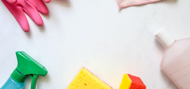 #ParaTodosVerem:No sentido horário, a fotografia mostra um pano de limpeza cor-de-rosa; um frasco com sabão líquido; um par de esponja, com as cores amarela e vermelha; um borrifador spray, com tampa verde; e uma luva rosa pink.