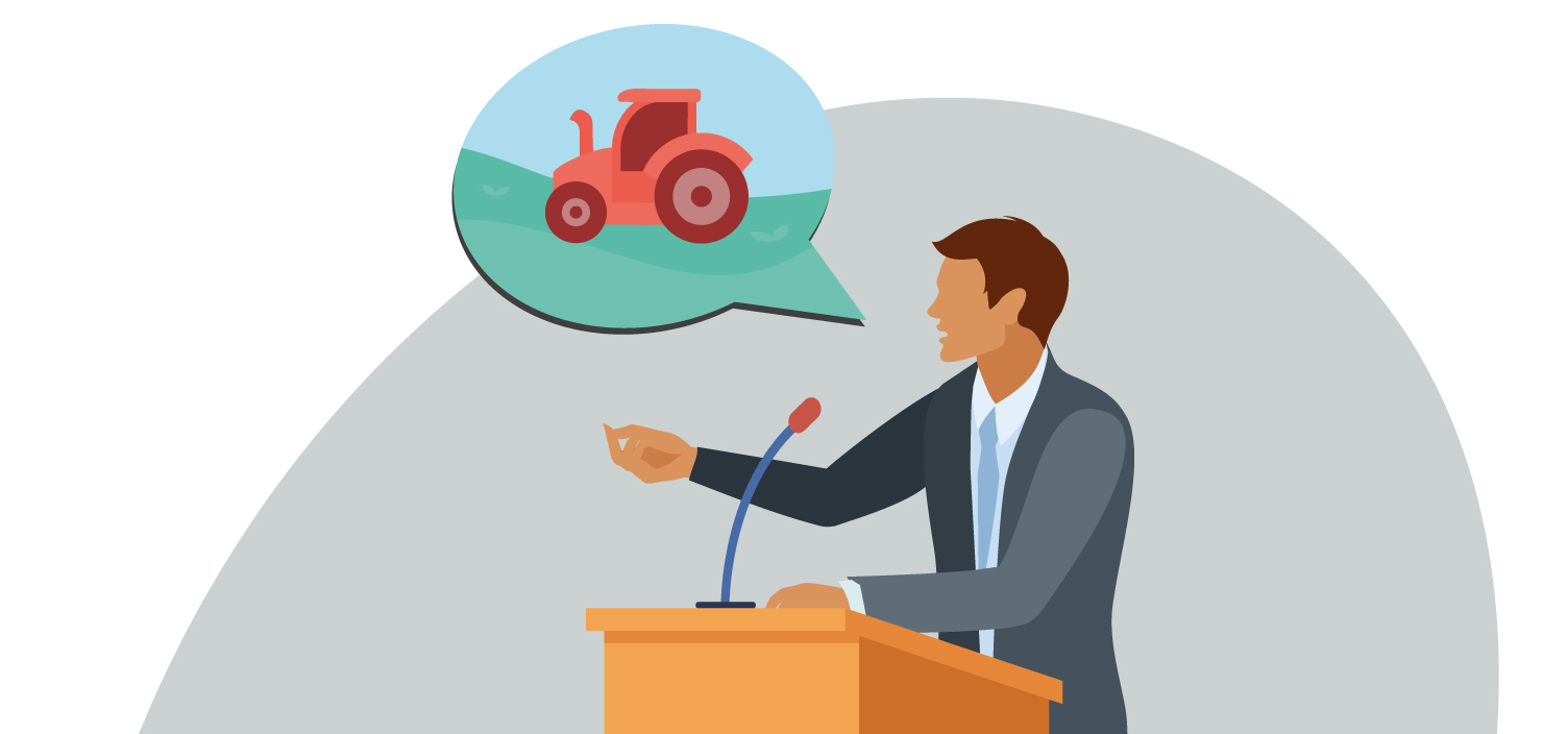 #ParaTodosLerem: Ilustração mostra um homem de cabelos curtos e castanhos. Ele usa blazer na cor cinza, camisa branca e uma gravata azul. À sua frente, há um microfone e um púlpito na cor laranja. Na altura de sua testa, há um balão com o desenho de um trator dentro.