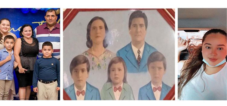 #ParaTodosVerem: Montagem mostra três fotos em sequência. Da esquerda para a direita: Fotografia colorida mostra um casal de adultos e três crianças, dois meninos e uma menina, à frente de uma painel de festa na cor azul. No centro, o registro de uma fotopintura emoldurada que mostra um casal e três crianças à frente. Eles estão registrados da altura do peito para cima. A mulher tem os cabelos escuros, usa brinco e cordão e veste roupa estampada. O homem e as três crianças usam camisas brancas e paletós em diferentes tons de azul. O adulto usa gravata comum e os meninos, gravata do tipo borboleta. Última fotografia, feita em estilo "selfie", mostra uma jovem de cabelos compridos dentro de um veiculo. Ela veste blusa branca e usa uma máscara descartável na altura do queixo.  