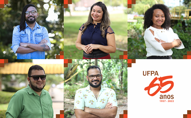 #ParaTodosVerem: Imagem apresenta um conjunto de cinco fotografias e uma arte alusiva aos 65 anos da UFPA dispostos em duas linhas. Da esquerda para a direita, a primeira fotografia mostra um homem negro, com os braços cruzados, óculos, dreads no cabelo, tatuagem no braço esquerdo, barba e camisa jeans na cor azul. Na segunda fotografia, uma mulher parda, de cabelos claros abaixo dos ombros, blusa azul-marinho e mãos sobrepostas na altura da barriga. Na sequência, a imagem de uma mulher negra, cabelos crespos na altura dos ombros, braços cruzados e camisa branca com mangas até os cotovelos. Na segunda linha, da esquerda para a direita, um homem de pele clara, de barba, com óculos escuros e camisa de botão na cor verde. A última fotografia apresenta um homem negro, de cabelos curtos, barba, óculos de grau e camisa estampada. Todos estão ao ar livre e sorriem em nossa direção. A arte em comemoração ao aniversário da UFPA encerra o conjunto de imagens. Ela tem fundo branco e inscrições nas cores marrom e laranja em que se lê: UFPA 65 anos, 1957-2022.